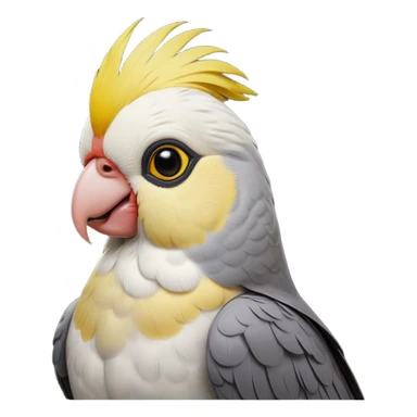 Cinematic Noble Cockatiel Portrait Emoji, Poised and regal, with a slender, delicate build and a beautifully groomed grey fur accented by vibrant yellow cheek patches and a graceful crest, deep-set soulful dark eyes, Simplified yet sharp and sophisticated features, highly detailed, glowing with a soft, dignified glow, high shine, intelligent and charming, stylized with an air of elegance, focused and attentive, soft glowing outline, capturing the essence of a watchful and confident avian companion, so majestic it feels as though it could flutter out of the screen with effortless authority! sticker