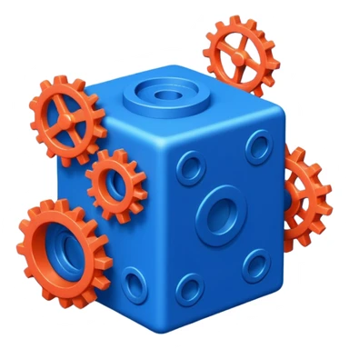 Modern minimal emoji: building blocks + connection flows + gear. Deep blue and coral colors. Professional no-code expert signature. Geometric clean style. sticker