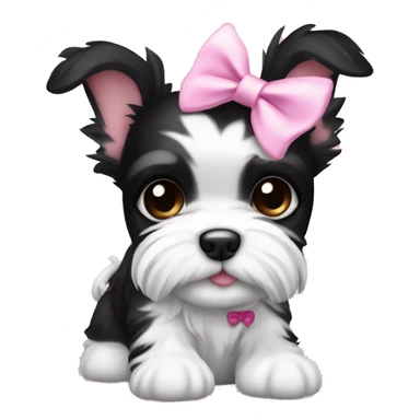 Black and white Biewer Terrier puppy with pink bow between ears  sticker