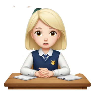 an anxious girl in school uniform sitting in front of a table  sticker