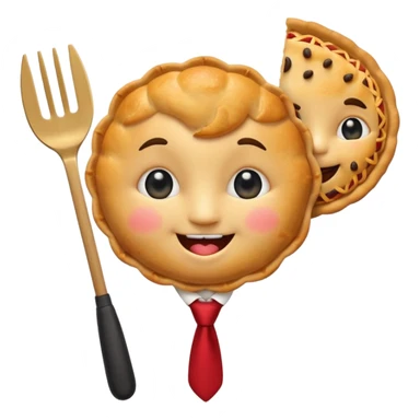 emoji style, happy fried empanada with face, big sparkling eyes, blushing cheeks, two buck teeth, red necktie, holding spatula, thick black outline, golden brown color, very cute and wholesome, transparent background sticker