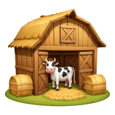 cow barn object icon, wooden stable building, hay bales near entrance, warm light, farm style, 3D cartoon, mobile game icon style, centered, clean background, no text, no watermark
 sticker