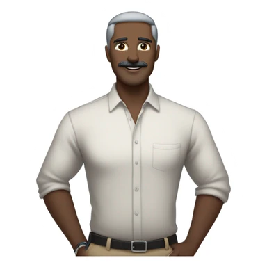a white man standing  with blue eyes a thick dark brown and grey moustache, down turned black eyebrows and then dark grey hair he’s wearing an expensive watch and a white shirt and black dressy pants with beige loafers he’s looking at her smiling”  sticker