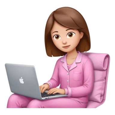 A brown hair, white skin woman at home with pink pajamas scrolling, with a laptop open to a work document looking laptop sticker