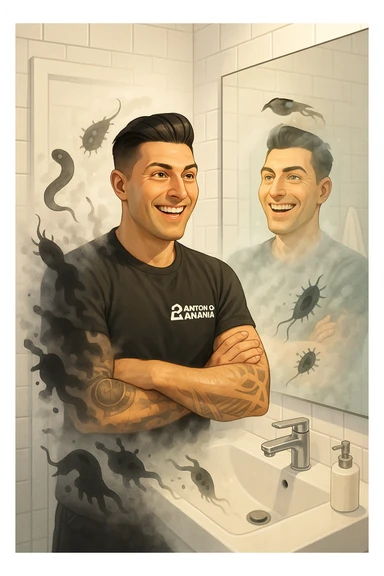 a man stands in a brightly lit bathroom, looking relieved and revitalized as he examines his reflection in the mirror. In the foreground, stylized, shadowy images of parasites (such as worms or protozoa) are shown leaving his body, dissolving into mist or fading away. His posture is upright and his expression is one of newfound energy and health. sticker