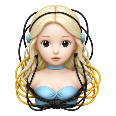 Plastic doll tightly bound with tangled AUX cables. sticker
