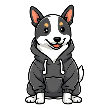Dog wearing a hoodie with thumb up sticker