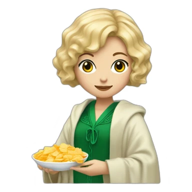 Blue eyes Slytherin girl with short wavy ash blonde bob hair eating chips and cheese hogwarts robe sticker
