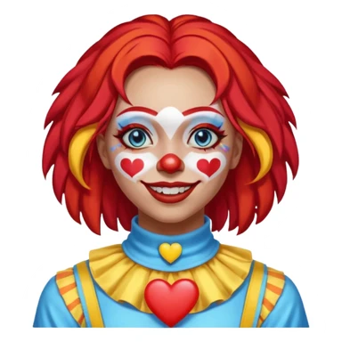 wendy thomas  the clown from gta rp nopixel she has a blue sun on covering right eye with three yellow lines below her right eye and above her left eye. she has long bright red hair and light blue eyes with a heart choker sticker