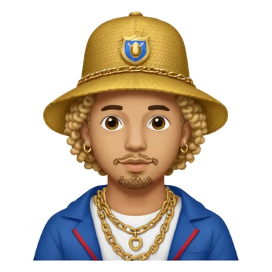 An emoji of Bad Bunny, the superstar from Puerto Rico. The singer. His hair is curly. He has a padlock beard. An an traditional boricua hat.  sticker