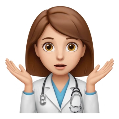 Surprised female doctor emoji with brown hair, both hands on her cheeks, big expressive eyes, clean emoji style sticker