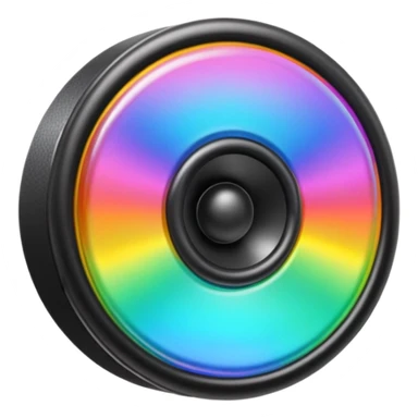 A speaker emoji 🔊 with a smooth CD-like surface that reflects rainbow iridescent colors, glowing RGB light ring around the edge, shiny plastic body, prismatic reflections shifting across the front, soft sparkles and light gleams, holographic sheen, clean simple shape, bright colorful highlights sticker