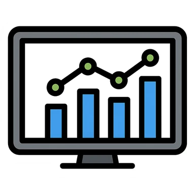 minimal KPI dashboard icon, flat vector style, rectangular screen with black frame, light gray background, four blue bars of different heights forming rising bar chart, green line graph overlay with data points, clean analytical modern look sticker