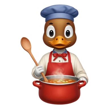 A duck wearing red apron stirring soup in a small pot, looking very focused. sticker