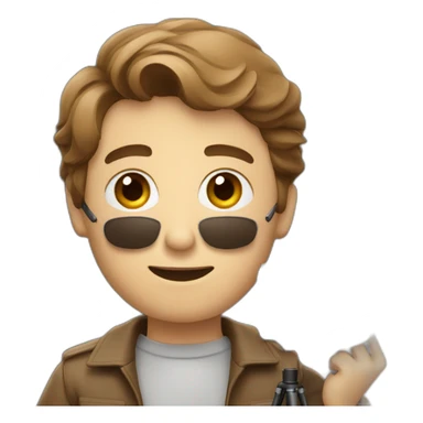 European film director with brown piled short hair holding a cinema camera sticker