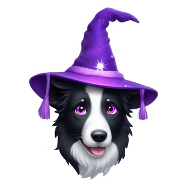 Border Collie with rainbow-coloured eyes wearing a purple velvet wizard hat covered with tiny, sparkling, silver stars. sticker
