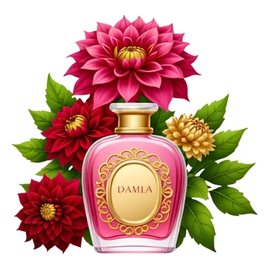 An elegant perfume bottle in Angel Pink with intricate golden details, standing beside a lush bouquet of Vivid Red and Deep Red Dahlias, softly illuminated in a romantic, warm glow sticker