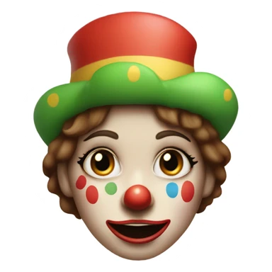 smiling clown girl with clown face paint wearing jester hat with straight brown hair exaggerated expression of sadness on her face  sticker