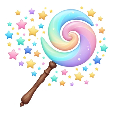 Cinematic cute magical wand, pastel swirls of color, tiny twinkling stars floating around, glowing softly, chubby rounded edges, whimsical and dreamy. sticker