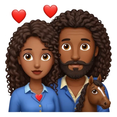 pareja de Mujer morena rizada cabello largo castaño ojos oscuros y hombre piel blanca con caballo oscuro con barba y ojos marron alrededor de la pareja corazones sticker