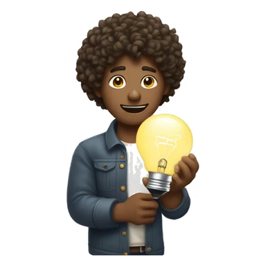 curly-haired guy holds a light bulb in his hands sticker
