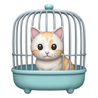 A cute emoji-style cat cage — rounded, cartoon look, clean outline, pastel colors. Vertical metal bars in front, small handle on top, and soft edges. Simple, minimal details, high contrast, with no cat inside sticker