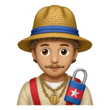 An emoji of Bad Bunny, the superstar from Puerto Rico. The singer. His hair is curly. He has a padlock beard. An an traditional boricua hat.  sticker