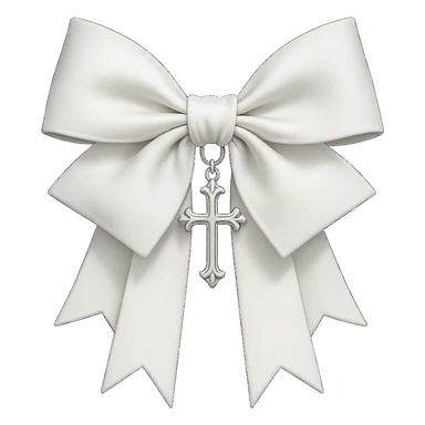Edit the image to depict a white gothic bow with layered ribbons and a cross pendant, in a general style. Remove the background. sticker