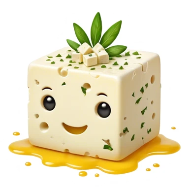 Cinematic Realistic Feta Cheese Dish Emoji, depicted as a block of crumbly, tangy cheese garnished with olive oil and herbs rendered with lifelike detail and soft natural lighting. sticker