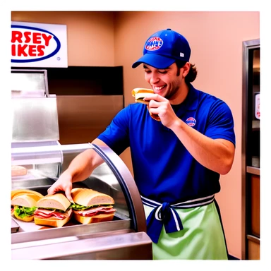 Employee at jersey mikes making a sandwich for the customer behind the counter  sticker