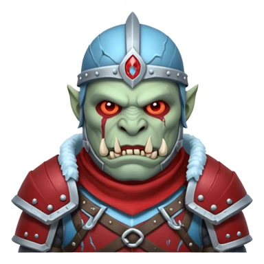 Fantasy Christmas orc legion soldier icon, iron tundra army theme, heavy winter armor, disciplined brutal look, cold steel armor cracked with frozen crimson lines, bloodfrost effect, icy blue and dark red color palette, minimal clean emoji style sticker