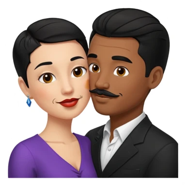 white man, black hair, slicked back, mustache kissing black woman with short black hair emoji sticker