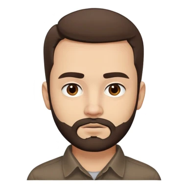 Close-up of René Monclova with light skin tone, round face, broad cheekbones. Lively dark brown eyes, thick straight eyebrows. Short messy brown hair with slight receding hairline. Untidy brown beard covering jaw. Wearing a dark collared shirt. sticker