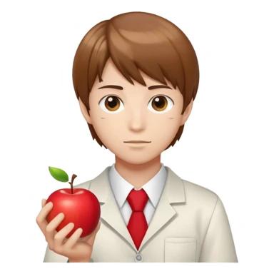 Light Yagami holding a red apple, brown hair, wearing a school uniform sticker