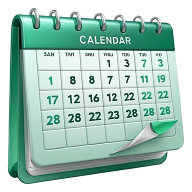A glossy 3D icon of a clean digital calendar with green (#16A34A) accent highlights, floating pages, subtle shadows, and a modern SaaS-UI look. Soft reflections, rounded edges, friendly professional style. Represents scheduling and reservation management. sticker