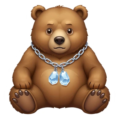 Realistic brown bear on all four legs with serious expression, wearing a simple chain made entirely of ice around its neck, nothing hanging from it sticker