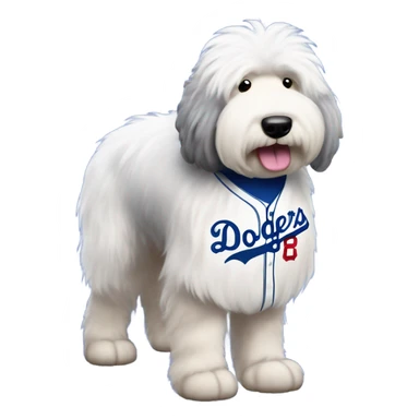 Old English Sheepdog full height wearing a Los Angeles dodgers baseball jersey sticker