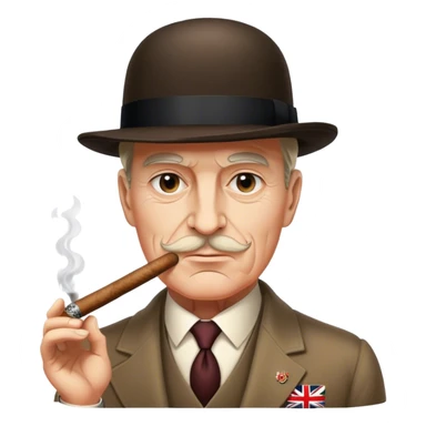 Cinematic Realistic Winston Churchill Portrait Emoji, depicted as a resolute British statesman with a signature bowler hat and a cigar, exuding determined leadership and wartime valor, rendered with lifelike textures and dramatic vintage lighting that captures his iconic British spirit. sticker