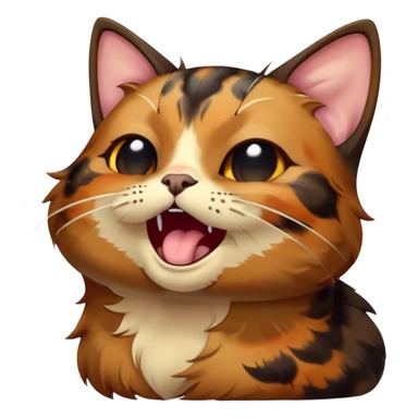 Cinematic Cute Yawning Tortoiseshell Cat Portrait Emoji, Head slightly tilted with a wide, adorable yawn and half-closed, dreamy eyes, featuring a warm, mottled fur of rich browns and blacks, simplified yet irresistibly cute, highly detailed, glowing with a soft, slumbering radiance, high shine, exuding a relaxed, drowsy charm, styled with a gentle, soft glowing outline, capturing the essence of a tortoiseshell cat in a precious moment of sleepy delight! sticker
