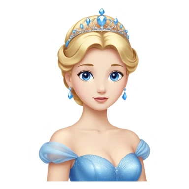 Cinematic Stunning Cinderella Portrait Emoji, Radiant in her sparkling blue ball gown, golden hair in a perfect updo, soft blue eyes full of wonder, glistening tiara, glowing with an ethereal beauty, regal yet kind, a dreamlike aura surrounds her, capturing the essence of a fairy tale princess, elegant and breathtaking! sticker