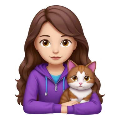 a girl with long wavy brown hair and brown eyes, wearing purple clothes, sitting with a three-color cat, emoji style sticker