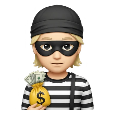 a short ios emoji-style portrait of a classic burglar, a black eye mask (looks like a blindfold) and a black-and-white striped shirt. emoji-like hair, black hat, ONE bag of money 💰 with a dollar sign in a right corner sticker