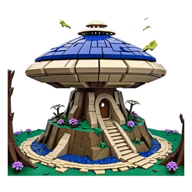 Crashed Alien saucer-castle jungle Lego winding footpath mountainside getaway haunted nighttime hobbit landscape antique mudman very old broken cracked intricate Stone Age lapis-crusted irregular dodecagon-shaped shallow dark moss rough bark violet flowered maple treehouse bonsai Saikei sticker