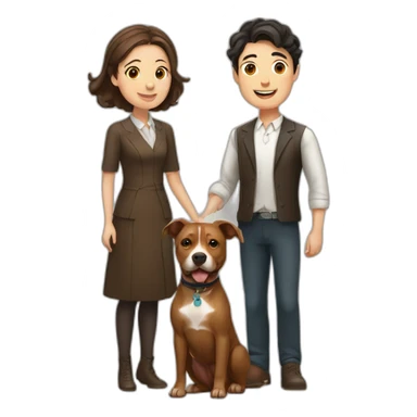 Young Jewish man and Chinese lady with brown Staffordshire terrier dog sticker