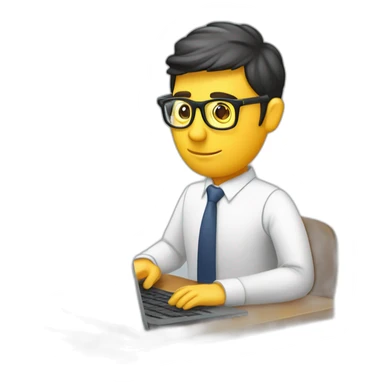 Periodista escribiendo en la computadora con lentes grabadora cámara lápiz y cuaderno sticker