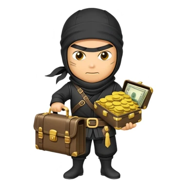 Sneaky ninja character with a treasure briefcase of gold coins and bills sticker
