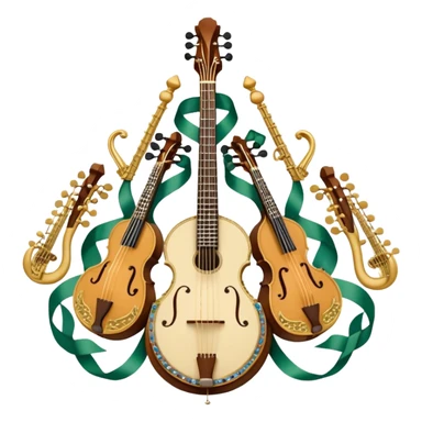 Design a complex and festive emblem-like emoji representing plucked string instruments, such as a banjo, mandolin, domra, sitar, and similar instruments. The composition should resemble a heraldic crest, with the instruments arranged symmetrically and gracefully, their necks intertwining with a flowing ribbon of musical notes. The ribbon should weave through the strings and headstocks, symbolizing the harmonious connection between the instruments. Use detailed engraving on the instrument bodies and fretboards to emphasize their craftsmanship. Incorporate rich, celebratory colors like gold, mahogany brown, deep green, and vibrant accents. Add subtle shading and light reflections to create a three-dimensional, polished look. Include ornate elements like swirls, laurel leaves, and decorative flourishes to enhance the festive and professional appearance. The background should be transparent to highlight the emblem as a standalone piece. sticker