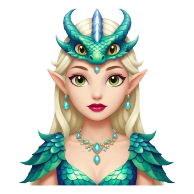 Am amazing blend of a half dragon woman with glittering jeweled scales covering her body. She has large almond shaped eyes, lush lips, and she wears a stunning luminescent gown. sticker