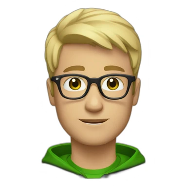 A blond short haired man with green eyes and a black sweatshirt with clear glasses sticker