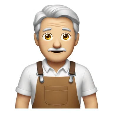 "A older man with rough hands, short light brown hair, and a friendly, naive expression. He wears a work apron over simple clothes and holds a hammer or wood in a rustic workshop." sticker